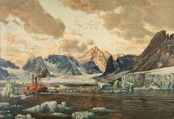 Magdalene Bay in Northwest Spitsbergen, valley glacier landscape in the Arctic cold desert, authentic reproduction of a school mural, historic, around 1900