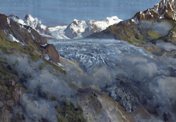 Lednik Karaugom, Karaugom Glacier, well-known, strongly retreating glacier in the Caucasus, Russia, authentic reproduction of a school mural, historic, around 1900