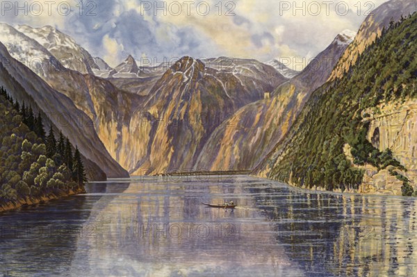 KÃ¶nigssee, mountain lake in the municipality of SchÃ¶nau am KÃ¶nigssee in the Berchtesgadener Land district, Bavaria, Germany, authentic reproduction of a school wall painting, historical, around 1900