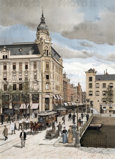 Leidsestraat, one of the main shopping streets in Amsterdam, Holland, Netherlands, authentic reproduction of a school mural, historic, around 1900