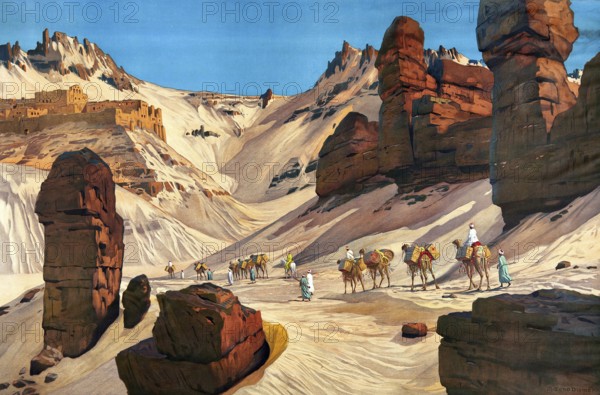 On the edge of the Libyan desert near Asuan, type of sandy and rocky desert, Libya, authentic reproduction of a school mural, historical, around 1900