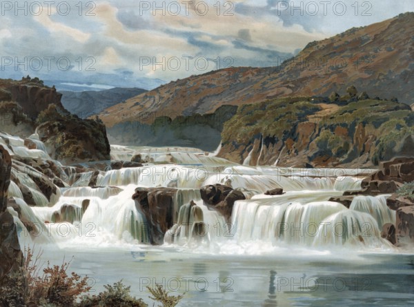 Krka waterfalls, Krka National Park is located in southern Croatia. Krka, Croatia, known for its 7 waterfalls, flows through it, authentic reproduction of a school mural, historic, around 1900