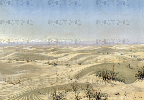 Cyzyl or Kizilcum is a pebble and sandy desert, which lies for the most part in the interior of the Turan lowlands. It is about 200, 000 kmÂ² in size and belongs to the territories of Turkmenistan, Uzbekistan and Kazakhstan, authentic reproduction of a school mural, historic, around 1900