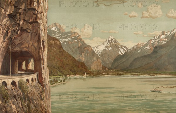 On the Uri branch of Lake Lucerne, a peripheral alpine lake surrounded by mountains of the Prealps in Central Switzerland, authentic reproduction of a school mural, historic, around 1900