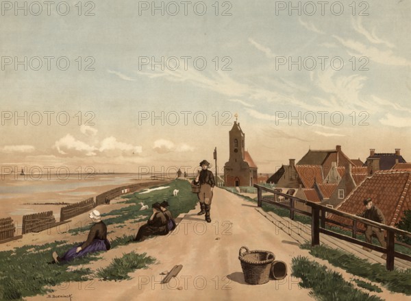 North Sea, beach scene near Wierum, village in the municipality of Noardeast-FryslÃ¢n in the Dutch province of Friesland, Holland, authentic reproduction of a school mural, historical, around 1900