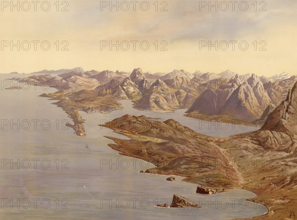 Bay of Kotor, 30 km long, heavily winding fjord-like bay on the southeastern Dalmatian-Montenegrin Adriatic coast, Croatia, authentic reproduction of a school mural, historical, around 1900