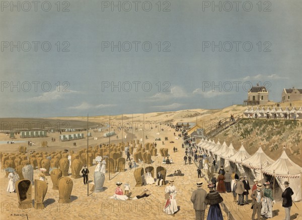 Beach scene, seaside resort Scheveningen, The Hague, Netherlands, Holland, authentic reproduction of a school mural, historic, around 1900