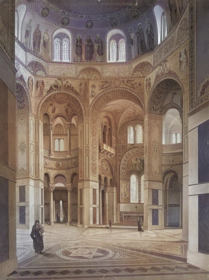 San Vitale Church in Ravenna, presumably begun in 537 and dedicated to Saint Vitalis in 547, is one of the most important church buildings of the late antique-early Byzantine period, Italy, authentic reproduction of a school wall painting, historical, around 1900