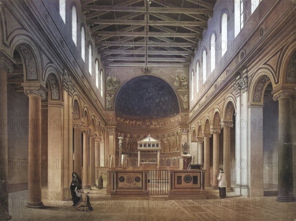 San Clemente, complete Basilica San Clemente al Laterano, Basilica Sancti Clementis in Laterano, church in Rome in the rank of minor basilica, Rome, Italy, authentic reproduction of a school mural, historic, around 1900