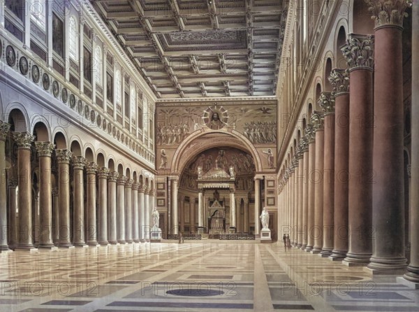 Saint Paul Outside the Walls, San Paolo fuori le mura, one of the papal basilicas of Rome. It is located between today's Via Ostiense and the Tiber, Rome, Italy, authentic reproduction of a school mural, historic, around 1900