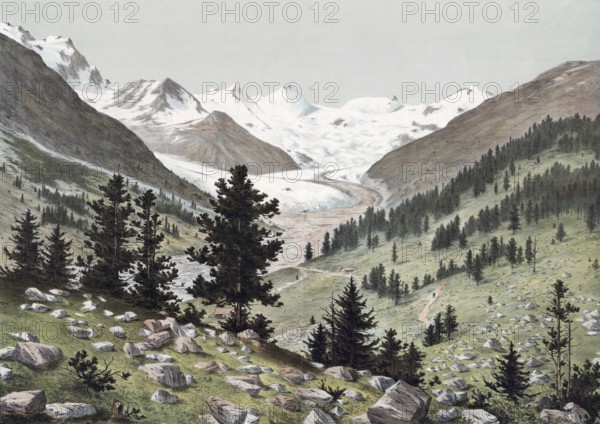 Bernina group, type of the Central Alps, a mountain group in the central Eastern Alps, Engadin, Grisons, Switzerland, authentic reproduction of a school wall painting, historical, around 1900