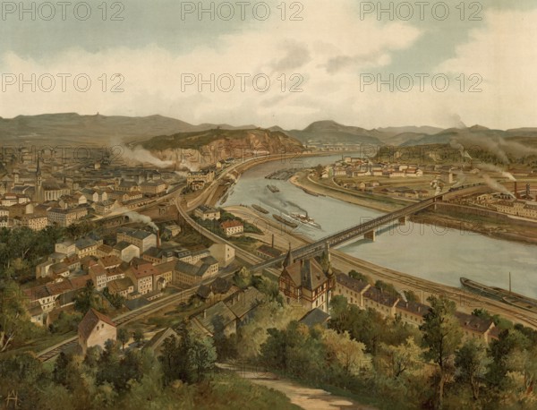 Usti nad Labem, Ãšsti nad Labem, formerly ÃšstÃ­ nad Labem, city in the Czech Republic, authentic reproduction of a school mural, historical, around 1900