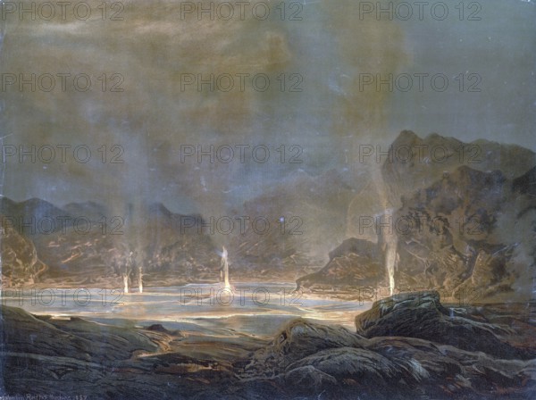 Lava lake, HalemaÊ»umaÊ»u is a shaft crater in the bottom of the caldera of the KÄ«lauea volcano in Hawaii Volcanoes National Park on the largest Hawaiian island Big Island, America, authentic reproduction of a school mural, historic, around 1900