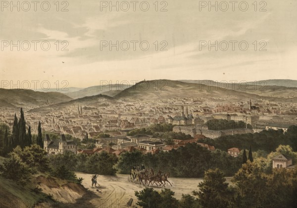 Panorama of Stuttgart, Baden-WÃ¼rttemberg, Germany, authentic reproduction of a school mural, historical, around 1900
