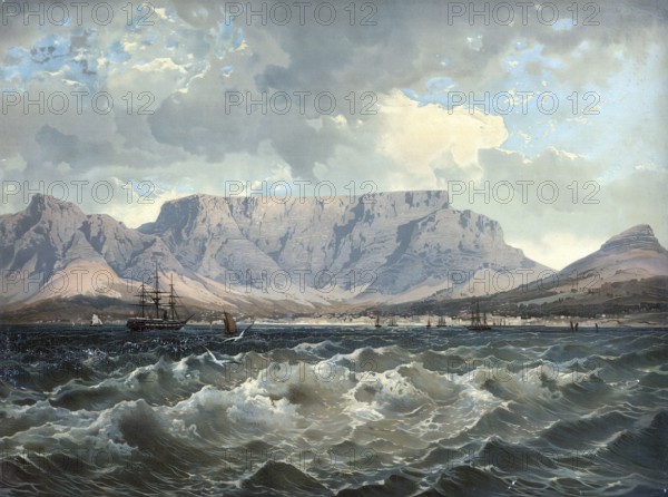 Table Mountain near Cape Town, South Africa, authentic reproduction of a school mural, historic, around 1900