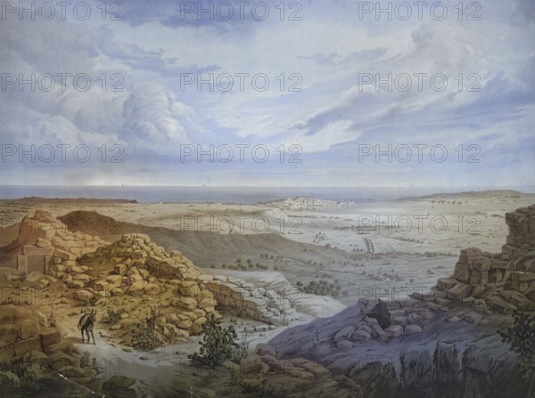 Landscape near Syracuse, city on the coast of the Ionian Sea in Sicily, Italy, authentic reproduction of a school mural, historic, around 1900