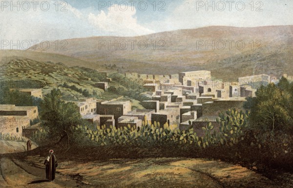 The Carmel Mountains and Little Hermon in the Distance, Nazareth, today Israel, authentic reproduction of a school mural, historic, around 1900