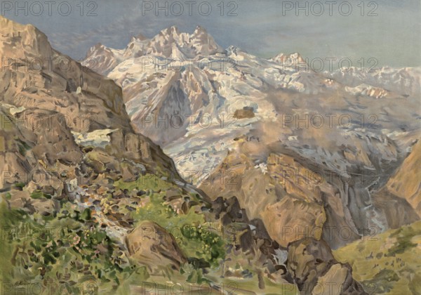 Mountain chains of the Greater Caucasus, Russia, Georgia, authentic reproduction of a school mural, historical, around 1900