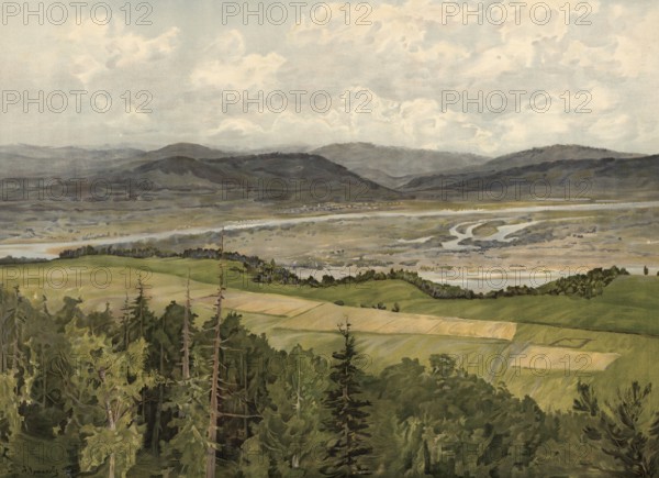 Mountain landscape, Transbaikal, Transbaikalia region, a Russian Federation subject in the Far East Federal District, covers part of the region known as Transbaikalia or Dauria east of Lake Baikal, authentic reproduction of a school mural, historical, around 1900