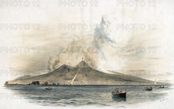 Vesuvius, Vesuvio, active volcano. It is located on the Gulf of Naples in the Italian region of Campania, Italy, authentic reproduction of a school mural, historic, around 1900