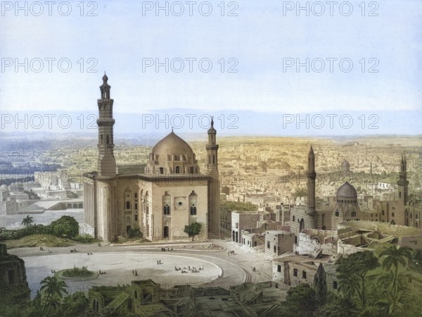 Sultan Hasan's mosque in Cairo was the largest mosque in the world in its time. It was built between 1356 and 1363, Egypt, authentic reproduction of a school mural, historic, around 1900