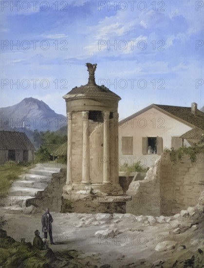 Lysicrates monument in Athens, not far from the eastern slope of the Acropolis in the Plaka district, was built in the second half of the 4th century BC by order of the choirgen Lysicrates and commemorates his victory with a boys' choir during the festival in honor of Dionysus in 335/334 BC, Greece, authentic reproduction of a school mural, historical, around 1900