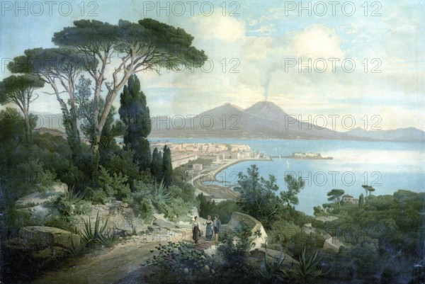 Naples and Vesuvius, Vesuvio, active volcano. It is located on the Gulf of Naples in the Italian region of Campania, Italy, authentic reproduction of a school mural, historic, around 1900
