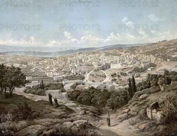 Nazareth, a city in the northern district of Israel in Galilee, authentic reproduction of a school mural, historic, around 1900