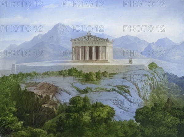 The sanctuary of Aphaia located on a hilltop is located on the Greek island of Aegina, between the port of Athens and the coastline of Epidaurus, Greece, authentic reproduction of a school mural, historic, around 1900