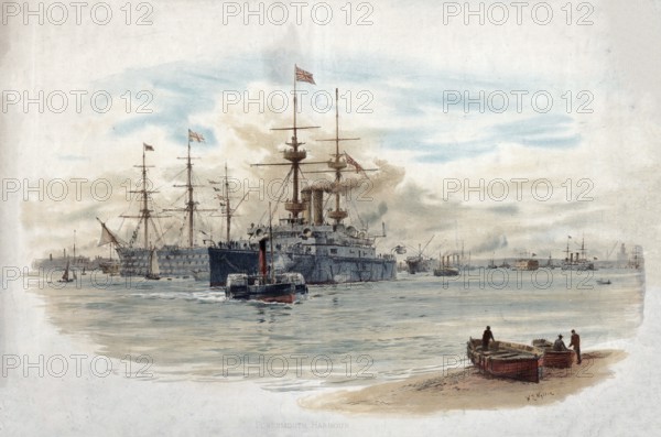 Portsmouth Harbour, bay at the mouth of the Piscataqua River, which forms the border between the states of New Hampshire (Rockingham County) and Maine (York County), America, authentic reproduction of a school mural, historical, around 1900