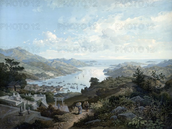 City and port of Nagasaki, Japan, authentic reproduction of a school mural, historic, around 1900