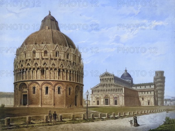 The Baptistery and Cathedral at Miracles Square in Pisa, Tuscany, Italy, authentic reproduction of a school mural, historic, around 1900