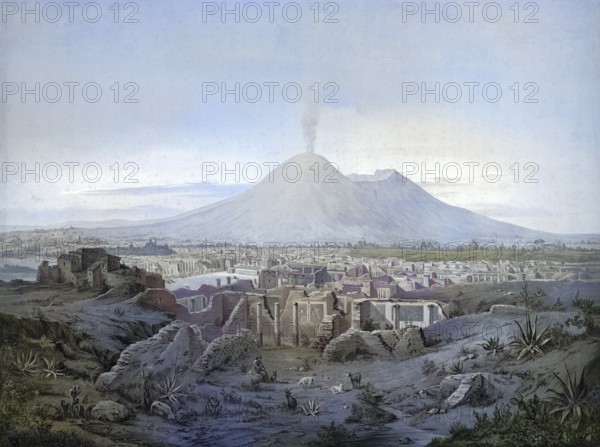 The ruins of Pompeii and Mount Vesuvius in the background, Campania, Italy, authentic reproduction of a school mural, historic, around 1900
