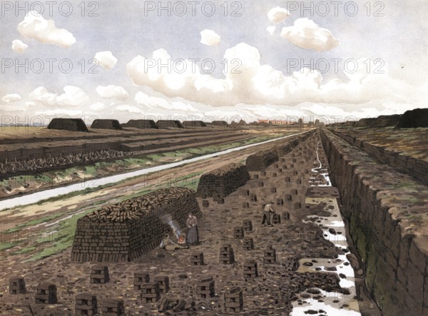 Peat cutter, peat mining near Drenthe, Holland, Netherlands, authentic reproduction of a school mural, historical, around 1900