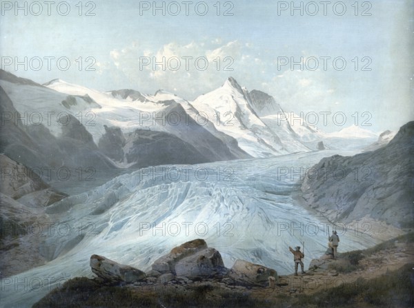 Pasterze, still the largest glacier in Austria and the longest in the Eastern Alps, with a length of around 8 km. It is located at the foot of the Grossglockner in the highest valley floor of the MÃ¶lltal, Austria, authentic reproduction of a school wall painting, historic, around 1900