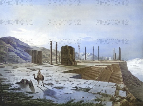 Persepolis, Takht-e Jamshid, one of the capitals of the ancient Persian Empire under the Achaemenids and was founded in 520 BC by Darius I in southern Iran in the Persis region, Iran, authentic reproduction of a school mural, historical, around 1900