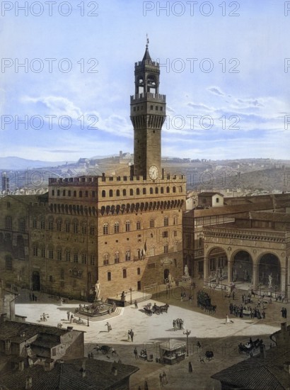Piazza della Signoria, Florence, Tuscany, Italy, authentic reproduction of a school mural, historic, around 1900