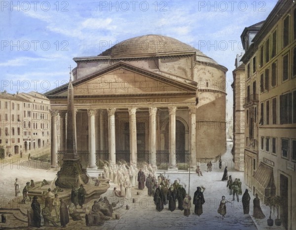 Pantheon, an ancient building in Rome, Italy, authentic reproduction of a school mural, historic, around 1900