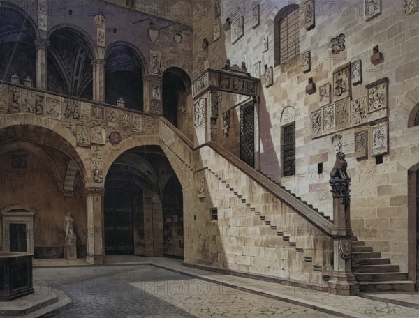 Palazzo del Bargello, a city palace in Florence built between 1255 and 1261 and expanded to a four-winged complex between 1280 and 1346, Tuscany, Italy, authentic reproduction of a school mural, historic, around 1900