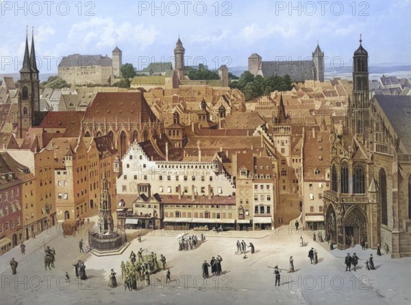 Nuremberg, Hauptmarkt with Church of Our Lady, Bavaria, Germany, authentic reproduction of a school mural, historical, around 1900