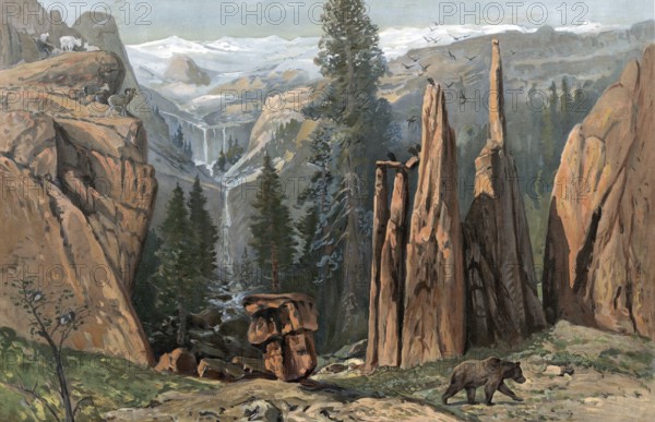 Mountain landscape in North America, rocky mountains, America, authentic reproduction of a school mural, historical, around 1900