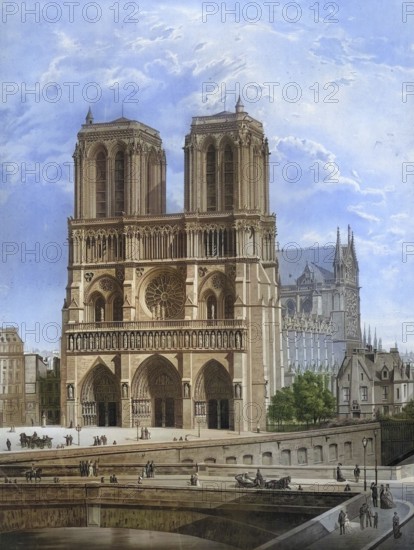 Notre-Dame de Paris Cathedral, CathÃ©drale Notre-Dame de Paris, Cathedral of Our Lady of Paris, Roman Catholic Episcopal Church of the Archdiocese of Paris, Paris, authentic reproduction of a school mural, historic, around 1900