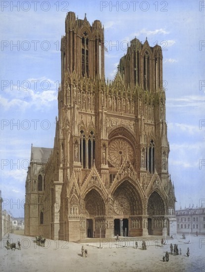 Cathedral of Reims, CathÃ©drale Notre-Dame de Reims, Cathedral of Our Lady of Reims, Reims, Episcopal Church of the Archdiocese of Rheims, France, authentic reproduction of a school mural, historical, around 1900