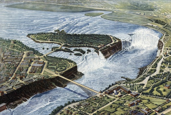 Niagara Falls, Niagara Falls, Niagara River waterfalls on the border between the US state of New York and the Canadian province of Ontario, Canada, authentic reproduction of a school mural, historic, around 1900