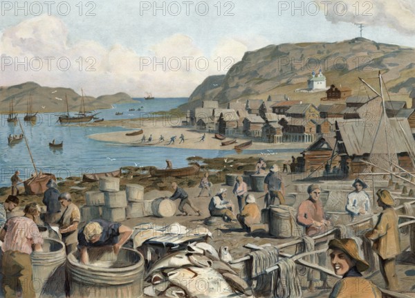 Sea fishing and fish processing, Baltic Sea, here in Poland, authentic reproduction of a school mural, historic, around 1900
