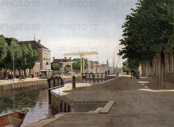 Canal, canal in Amsterdam, the Netherlands, Holland, authentic reproduction of a school mural, historical, around 1900