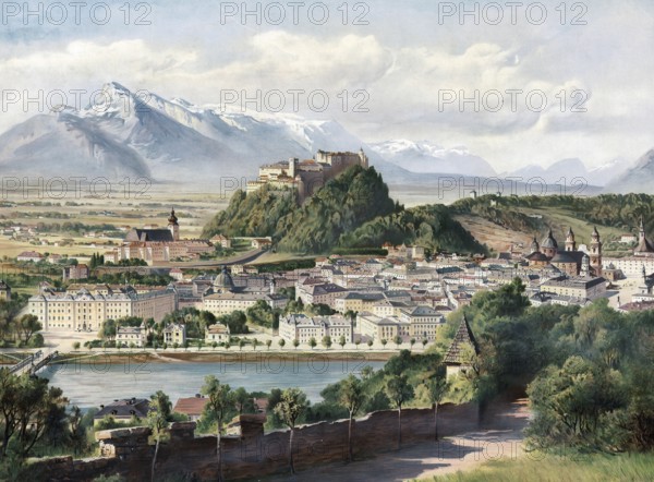 View of Salzburg Castle and City on the Salzach, Austria, authentic reproduction of a school mural, historic, around 1900