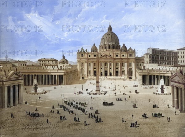 Basilica of St. Peter, Basilica di San Pietro, St. Peter's Basilica, St. Peter's Basilica, Vatican Basilica, the Memorial Church of the Apostle Simon Peter. It is located on the territory of the independent state of Vatican City, Rome, Italy, authentic reproduction of a school mural, historic, around 1900