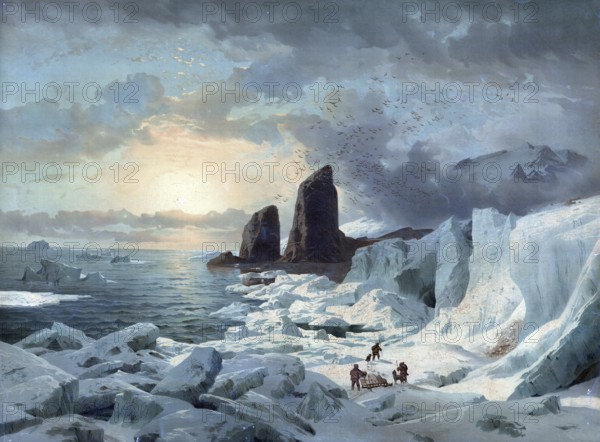 Rudolf Island, the northernmost island in Franz Josef Land and one of the larger islands in the archipelago, group of islands in the Arctic Ocean north of the large double island of Novaya Zemlya and belongs to the Arkhangelsk Oblast in Russia, authentic reproduction of a school mural, historical, around 1900