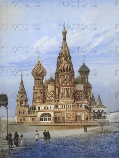 St. Basil's Cathedral, officially the Protection and Intercession Cathedral on the Graben, Orthodox Cathedral on Red Square in Moscow, Russia, authentic reproduction of a school mural, historic, around 1900